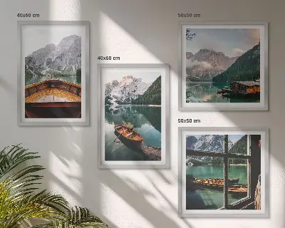 Set de 4 cuadros para salón con paisajes de lago montañas barcos y cabaña