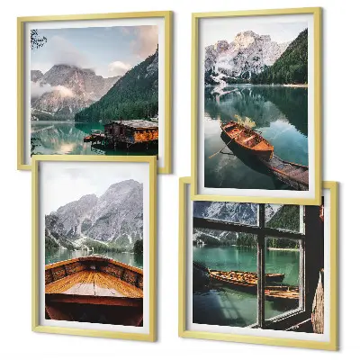 Set de 4 cuadros para salón con paisajes de lago montañas barcos y cabaña