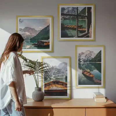Set de 4 cuadros para salón con paisajes de lago montañas barcos y cabaña