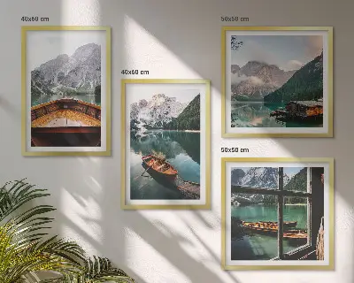 Set de 4 cuadros para salón con paisajes de lago montañas barcos y cabaña