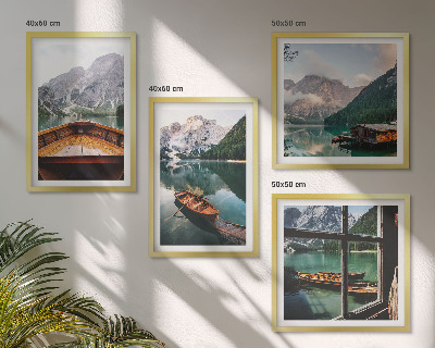 Set de 4 cuadros para salón Lago, montañas, barcos, cabaña, ventana