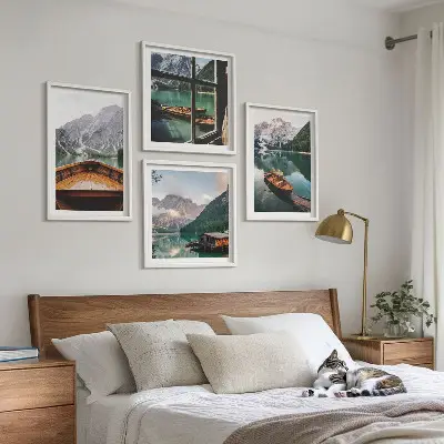 Set de 4 cuadros para salón con paisajes de lago montañas barcos y cabaña