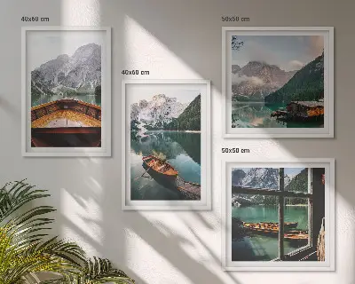 Set de 4 cuadros para salón con paisajes de lago montañas barcos y cabaña