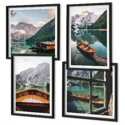 Set de 4 cuadros para salón con paisajes de lago montañas barcos y cabaña