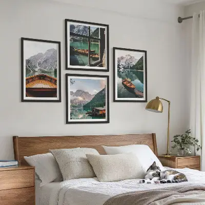 Set de 4 cuadros para salón con paisajes de lago montañas barcos y cabaña