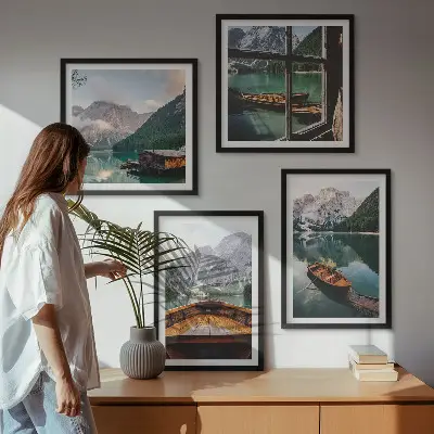 Set de 4 cuadros para salón con paisajes de lago montañas barcos y cabaña