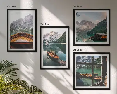 Set de 4 cuadros para salón con paisajes de lago montañas barcos y cabaña
