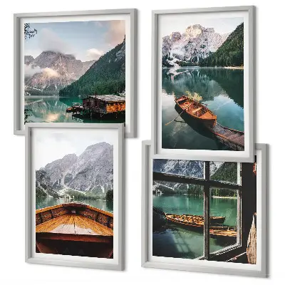 Set de 4 cuadros para salón con paisajes de lago montañas barcos y cabaña