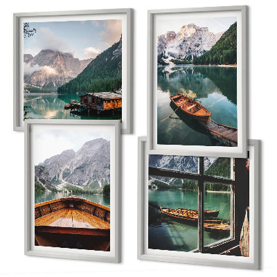 Set de 4 cuadros para salón Lago, montañas, barcos, cabaña, ventana