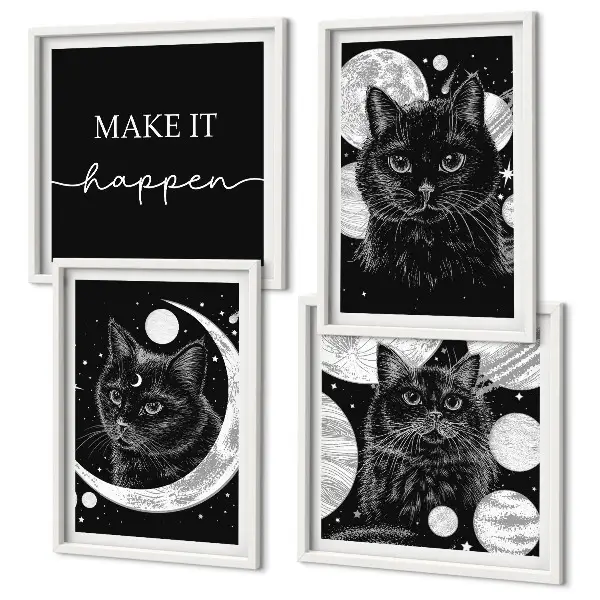 Set de cuadros modernos para salón con diseño de gatos negros y luna