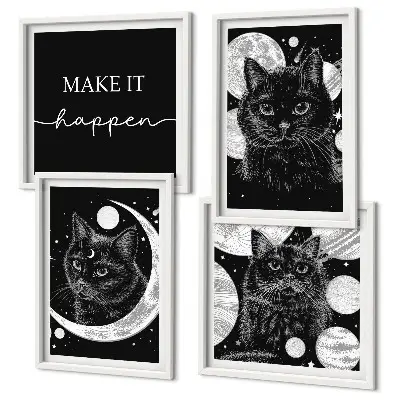 Set de cuadros modernos para salón con diseño de gatos negros y luna
