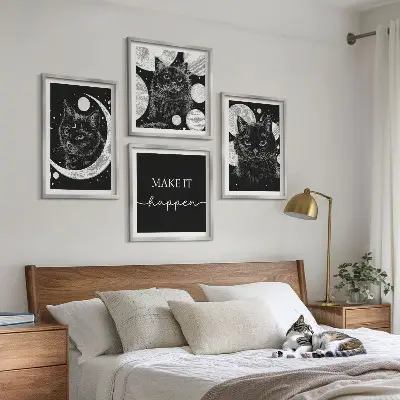 Set de cuadros modernos para salón con diseño de gatos negros y luna