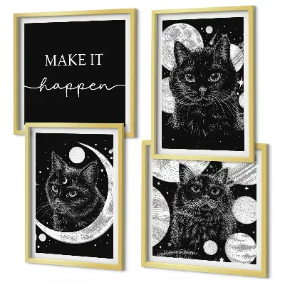 Set de cuadros modernos para salón con diseño de gatos negros y luna