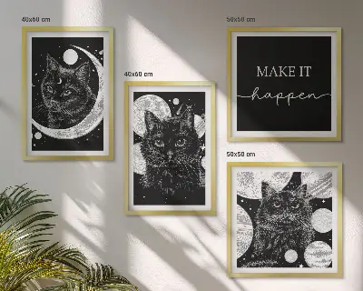 Set de cuadros modernos para salón con diseño de gatos negros y luna