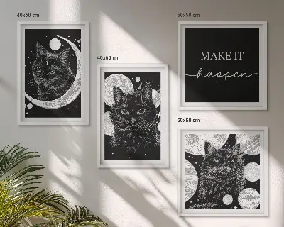 Set de cuadros modernos para salón con diseño de gatos negros y luna