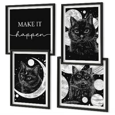 Set de cuadros modernos para salón con diseño de gatos negros y luna