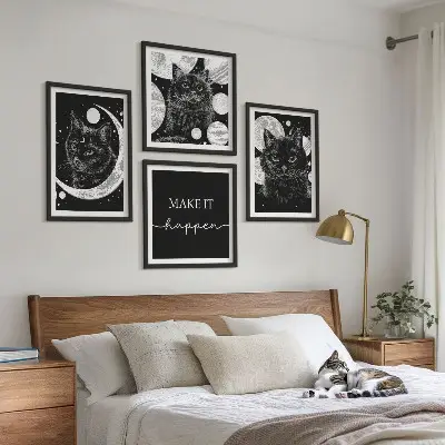 Set de cuadros modernos para salón con diseño de gatos negros y luna