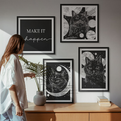 Set de cuadros modernos para salón Gatos negros planeta luna