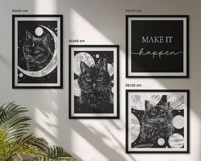 Set de cuadros modernos para salón con diseño de gatos negros y luna