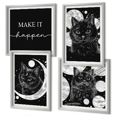Set de cuadros modernos para salón con diseño de gatos negros y luna