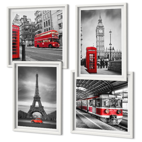 Set de 4 cuadros para salón Autobuses rojos en la ciudad