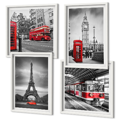 Set de 4 cuadros para salón Autobuses rojos en la ciudad