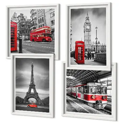 Set de 4 cuadros para salón con diseño de autobuses rojos en la ciudad