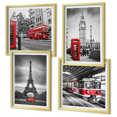 Set de 4 cuadros para salón Autobuses rojos en la ciudad