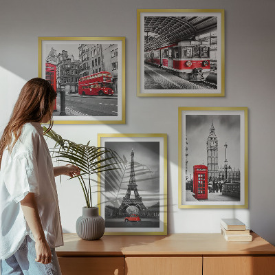 Set de 4 cuadros para salón Autobuses rojos en la ciudad