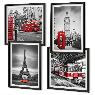 Set de 4 cuadros para salón Autobuses rojos en la ciudad