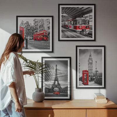 Set de 4 cuadros para salón Autobuses rojos en la ciudad