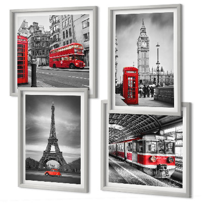 Set de 4 cuadros para salón Autobuses rojos en la ciudad