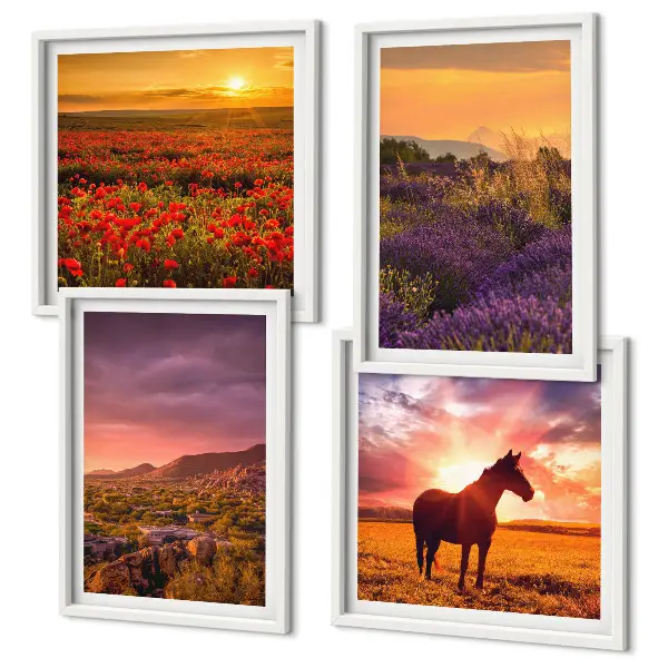 Set de cuadros modernos para salón con diseño de paisaje de montaña, caballo y lavanda
