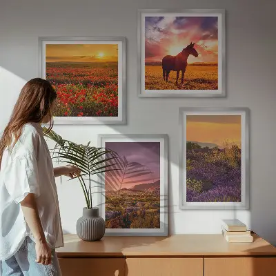 Set de cuadros modernos para salón con diseño de paisaje de montaña, caballo y lavanda