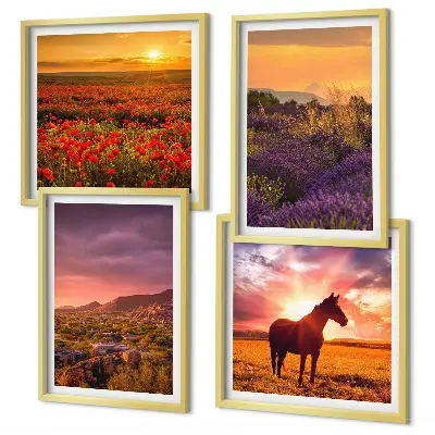 Set de cuadros modernos para salón con diseño de paisaje de montaña, caballo y lavanda