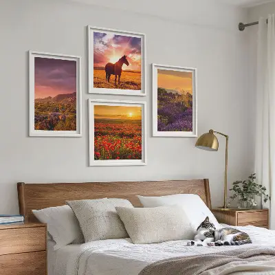 Set de cuadros modernos para salón con diseño de paisaje de montaña, caballo y lavanda
