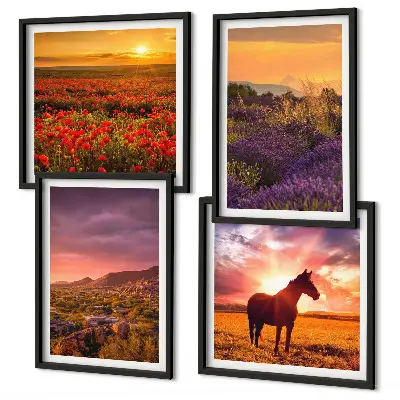 Set de cuadros modernos para salón con diseño de paisaje de montaña, caballo y lavanda