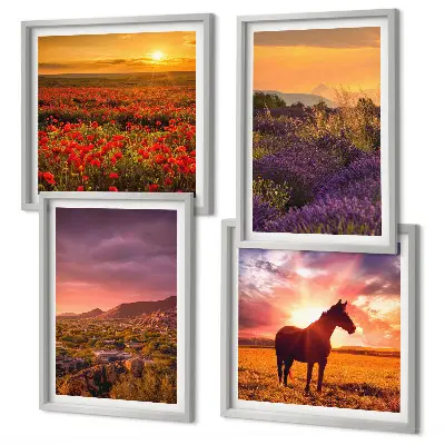 Set de cuadros modernos para salón con diseño de paisaje de montaña, caballo y lavanda