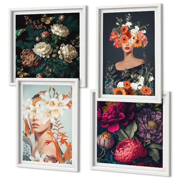 Set de 4 cuadros para salón con diseño de retratos florales y ramos de hojas