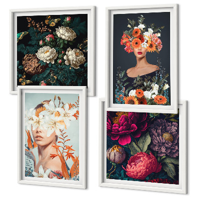 Set de 4 cuadros para salón Retratos florales, ramos de hojas