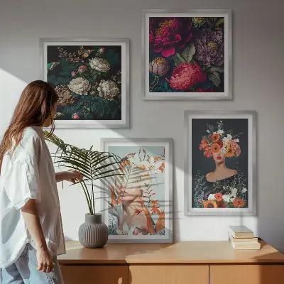 Set de 4 cuadros para salón con diseño de retratos florales y ramos de hojas