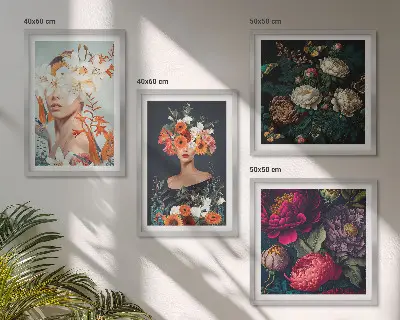 Set de 4 cuadros para salón con diseño de retratos florales y ramos de hojas