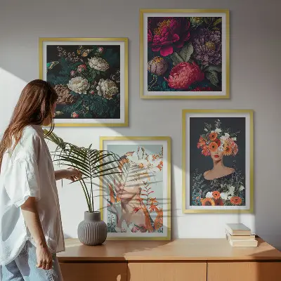 Set de 4 cuadros para salón con diseño de retratos florales y ramos de hojas