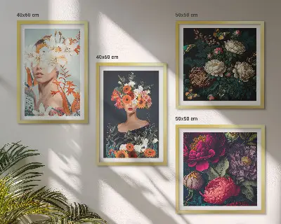 Set de 4 cuadros para salón con diseño de retratos florales y ramos de hojas