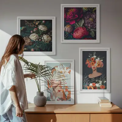 Set de 4 cuadros para salón con diseño de retratos florales y ramos de hojas