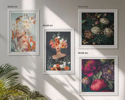 Set de 4 cuadros para salón con diseño de retratos florales y ramos de hojas
