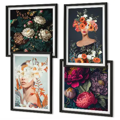 Set de 4 cuadros para salón con diseño de retratos florales y ramos de hojas