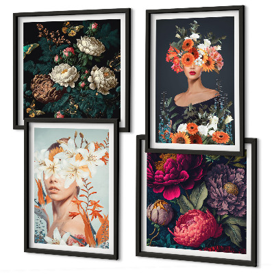 Set de 4 cuadros para salón Retratos florales, ramos de hojas