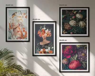 Set de 4 cuadros para salón con diseño de retratos florales y ramos de hojas