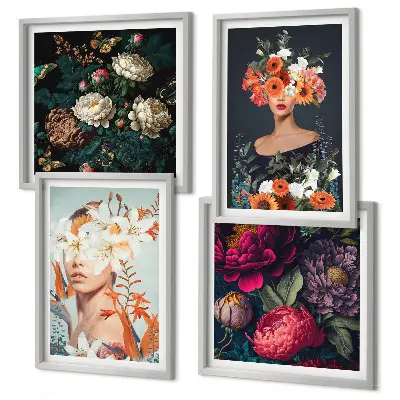 Set de 4 cuadros para salón con diseño de retratos florales y ramos de hojas